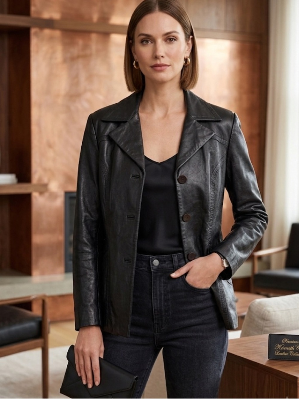 Vintage Kenneth Cole New York Black Leather Jacket Blazer (Y2K / 90s Size L